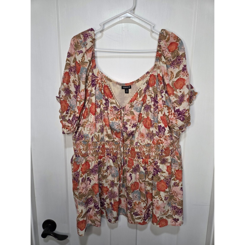Torrid Floral Smocked Babydoll Top Short Sleeve Lace Up Boho Blouse Plus Size 3